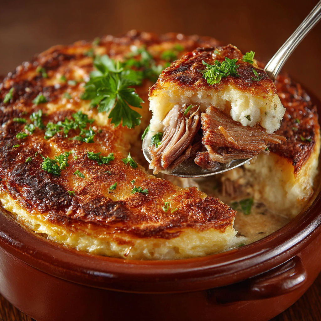 Une pâte de pâtes avec des herbes et des morceaux de viande.