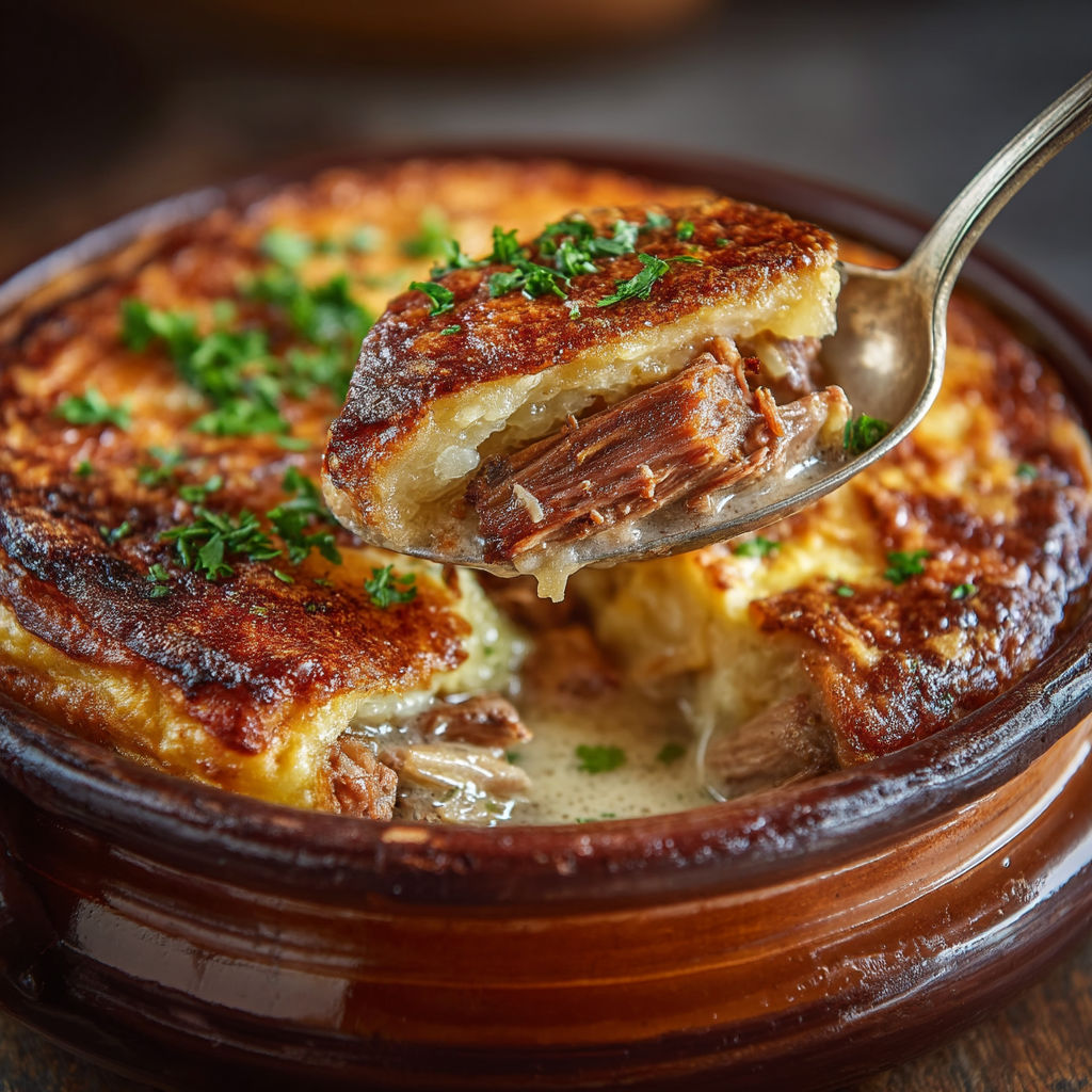 Une tasse de galette avec des herbes et des morceaux de viande.