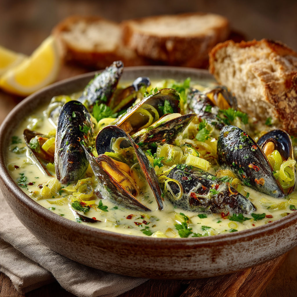 Une assiette de bouillon de moules et de pain.