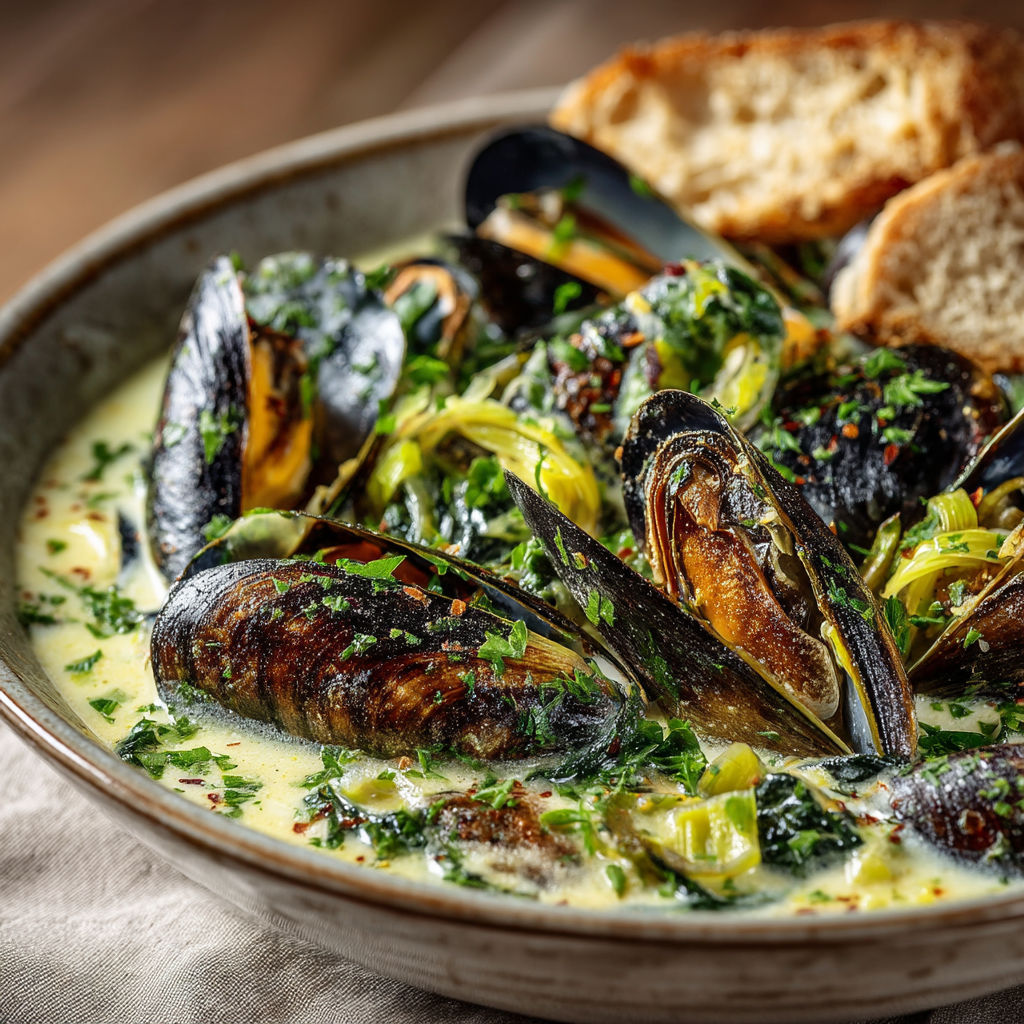 Une assiette de bouillabaisse avec des moules et du pain.