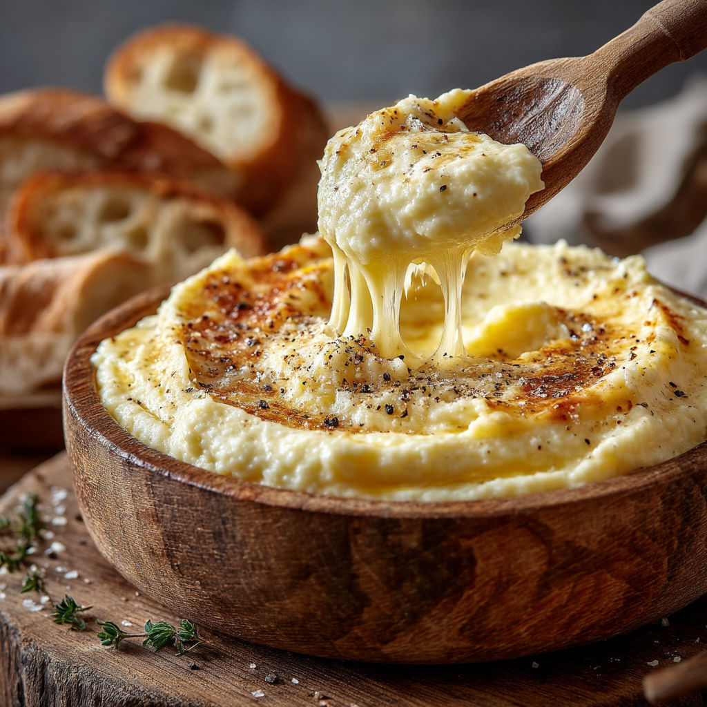 Une recette de l'aligot est servie dans un bol en bois.