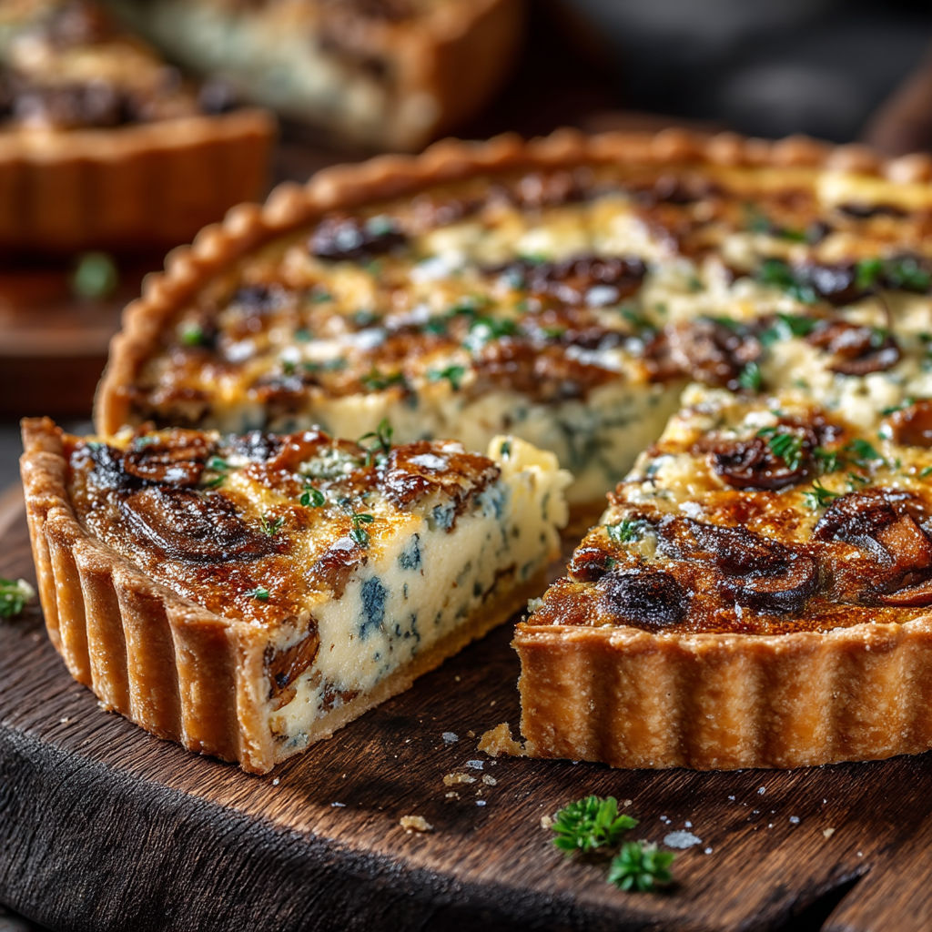 Une quiche aux champignons et aux noix.