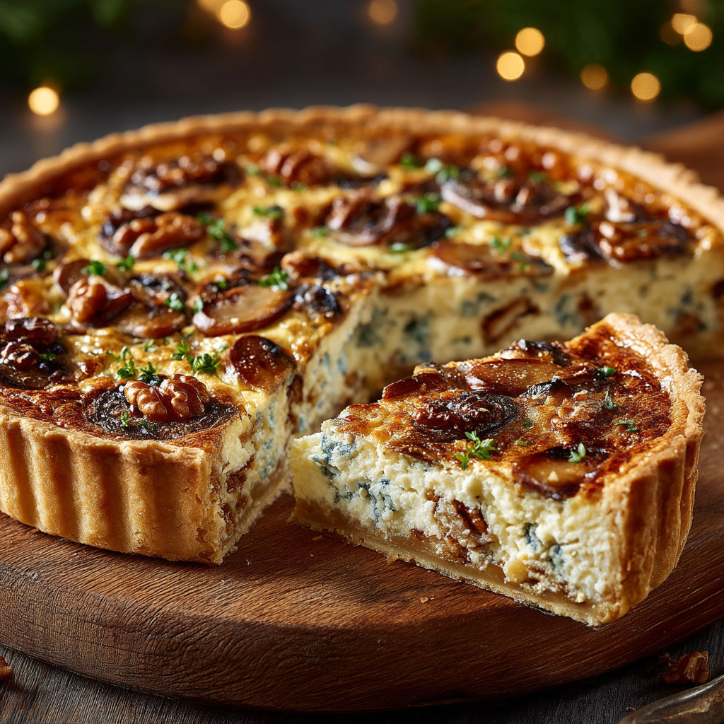 Une quiche aux champignons et aux noix.