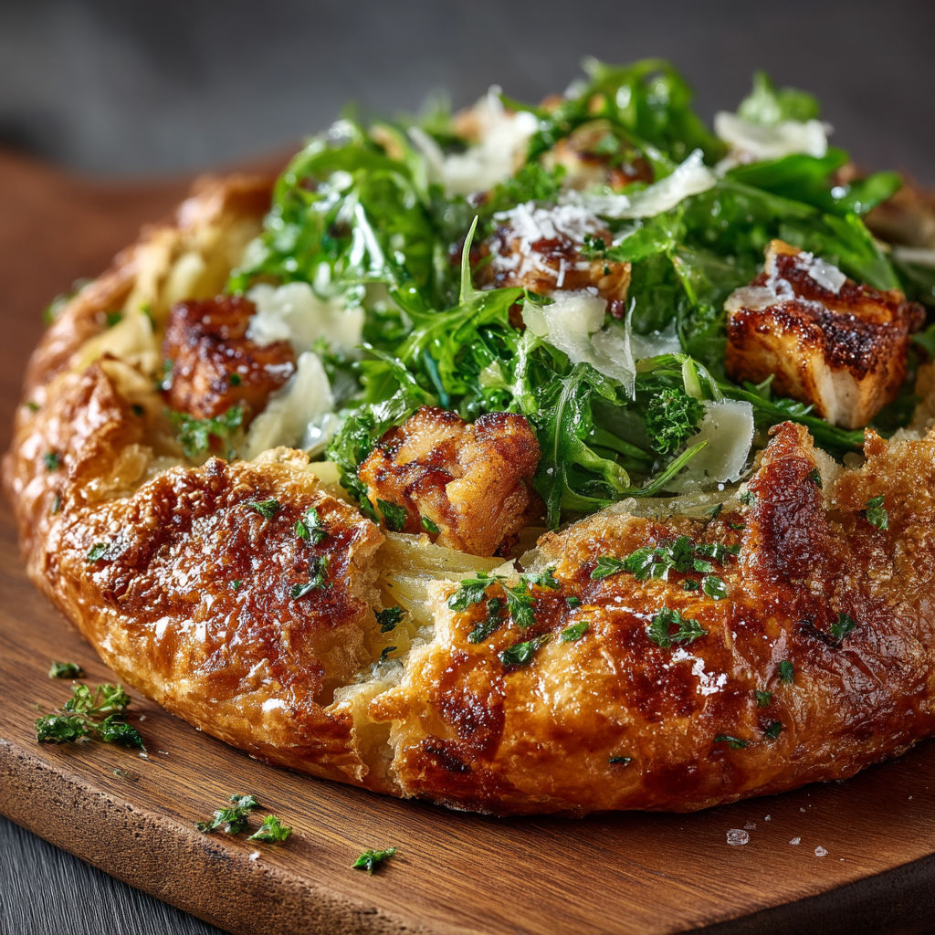 Une galette poireaux/pommes de terre sur un plateau.