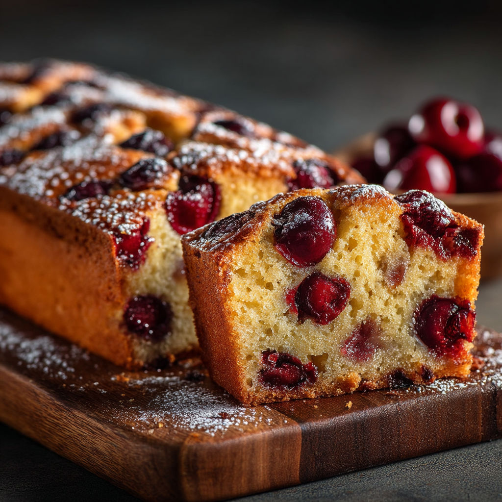 Une baguette de financier avec des cerises sur le dessus.