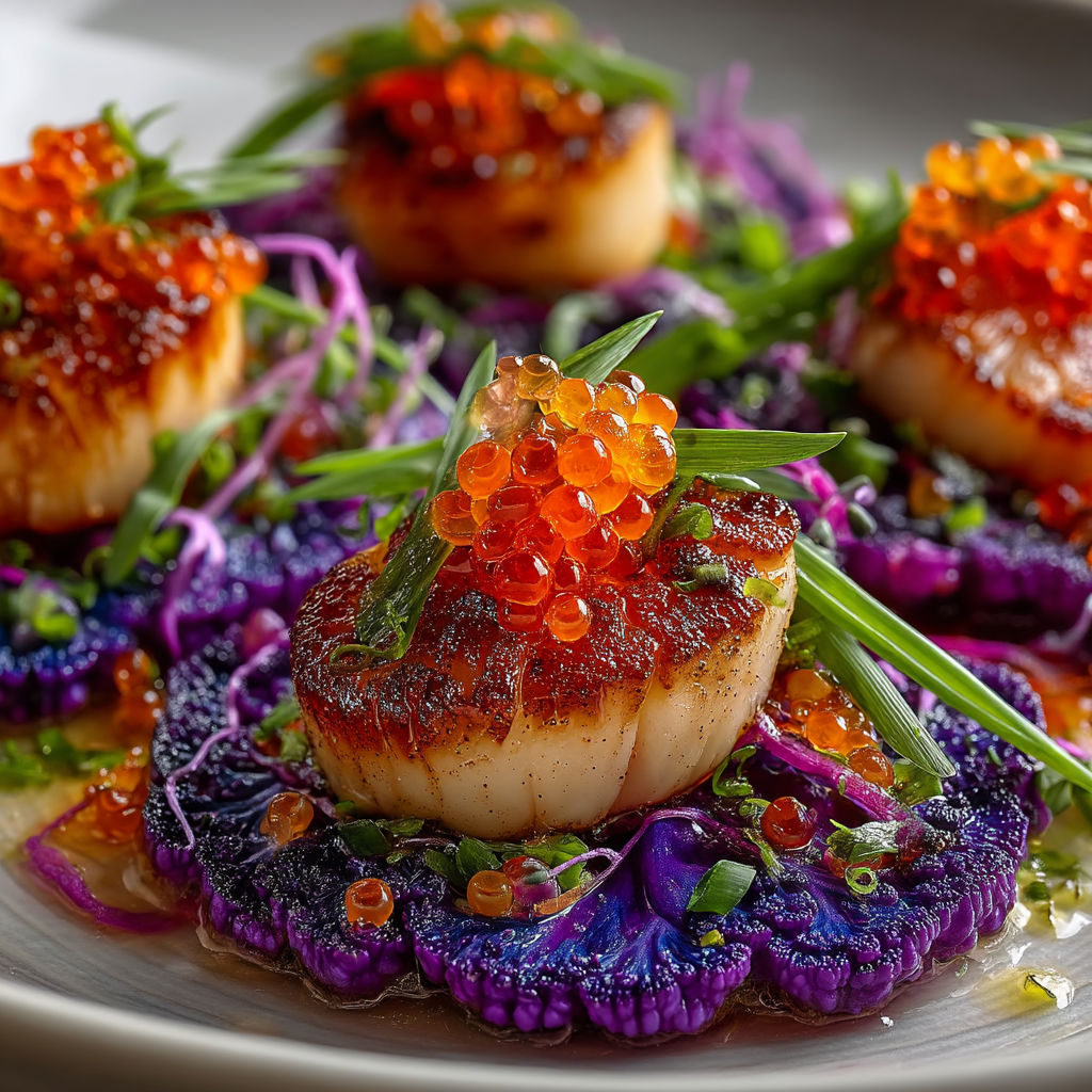 Ma recette de Saint-Jacques et carpaccio de chou-fleur violet.