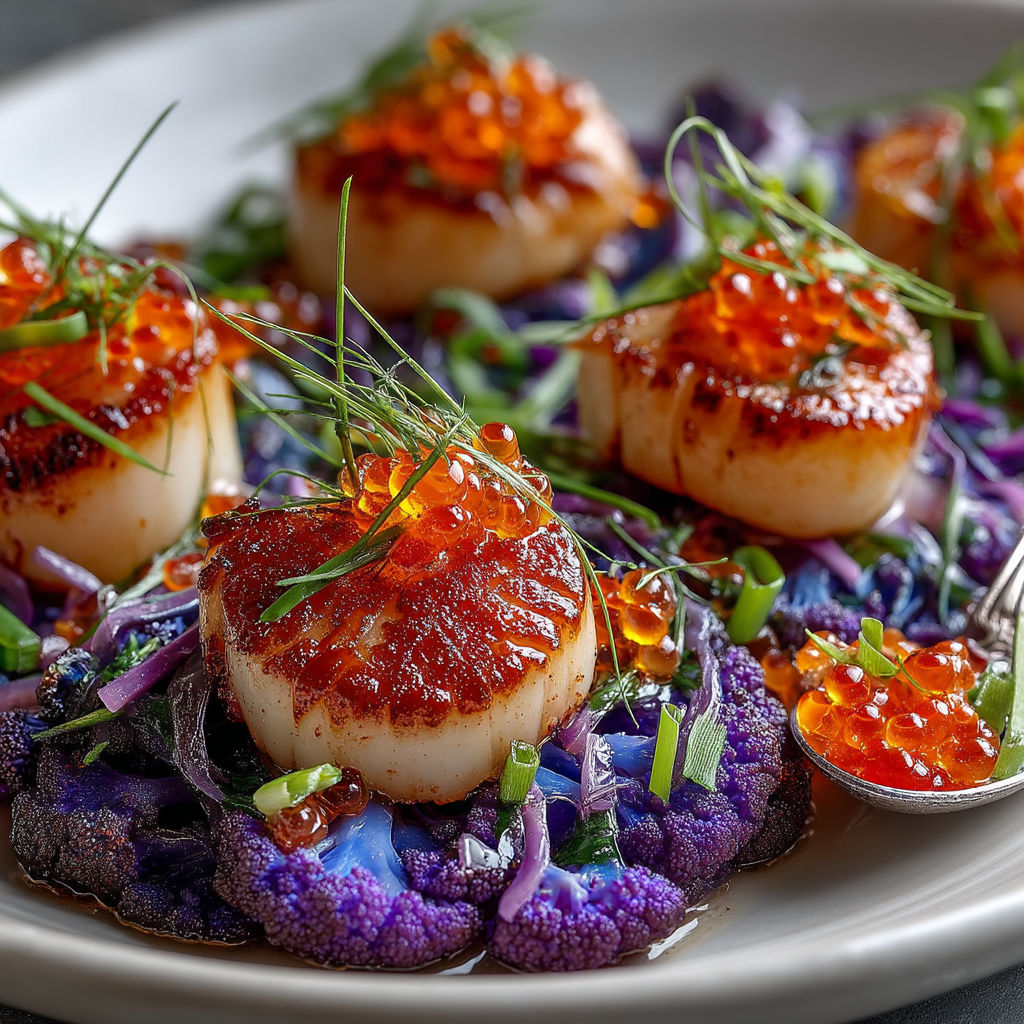 Plate of food with a variety of ingredients including shrimp, purple cabbage, and carrots.