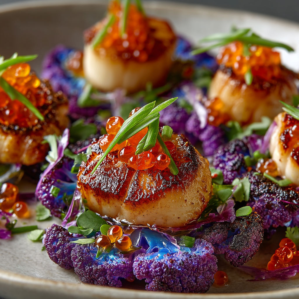 Ma recette de Saint-Jacques et carpaccio de chou-fleur violet.