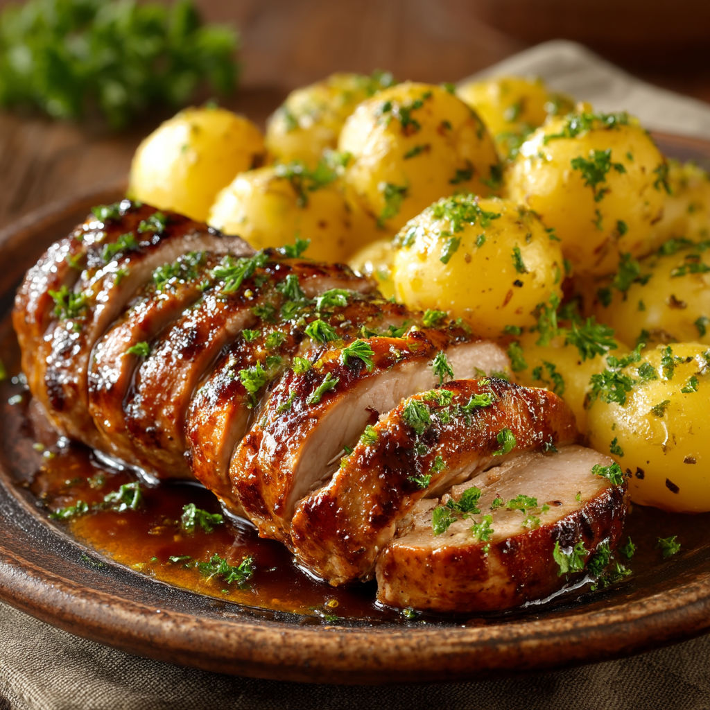 Filet mignon avec des pommes de terre et des herbes.