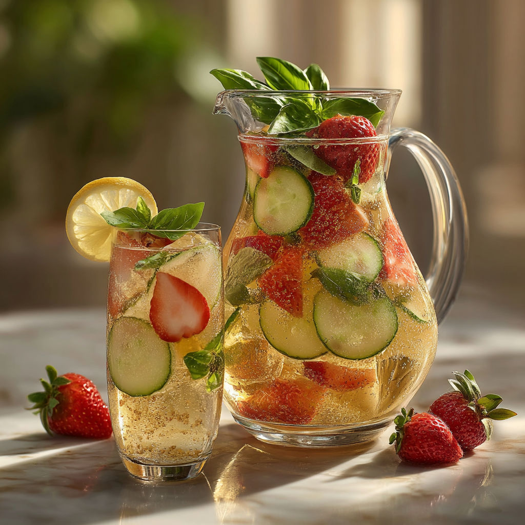 Un verre de jus de strawberry et un vase rempli de fruits.