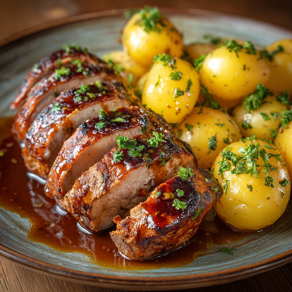 Une assiette de viande grillée et de pommes de terre.