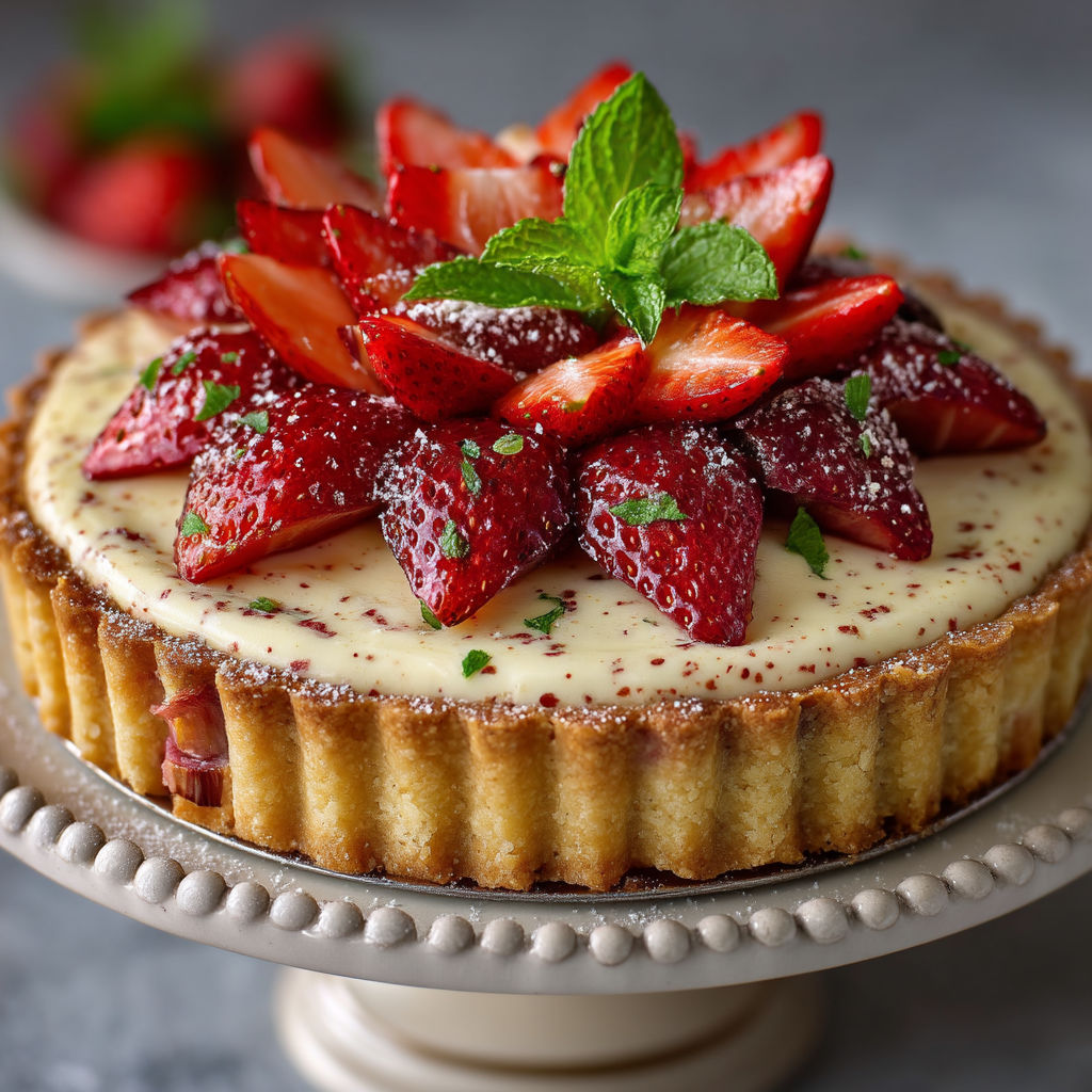 Une tarte aux fraises avec des feuilles de menthe.
