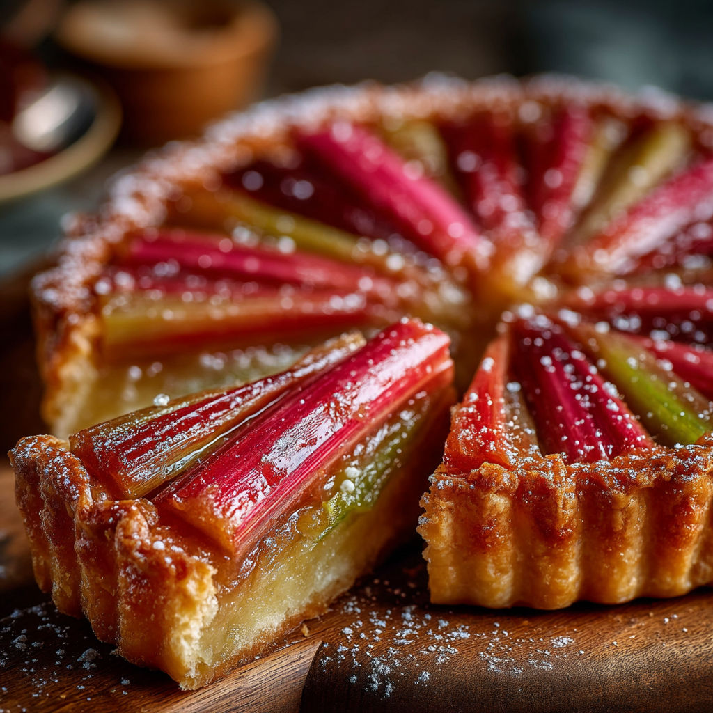 Une tarte aux rhubarbes est servie sur un plateau.