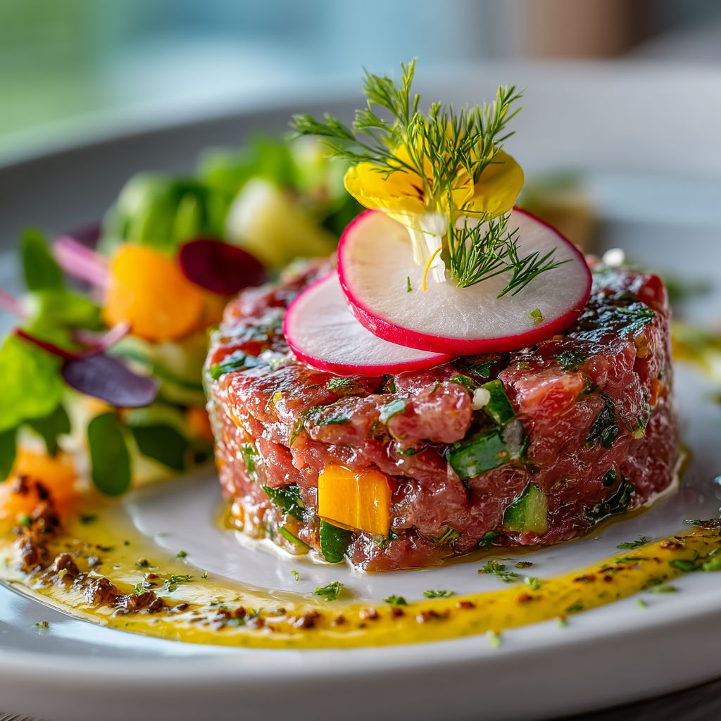 Une salade composée de légumes et de viande rouge.