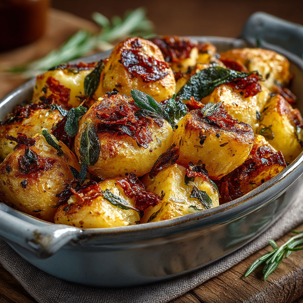 Une casserole de pommes de terre avec des herbes et des épices.