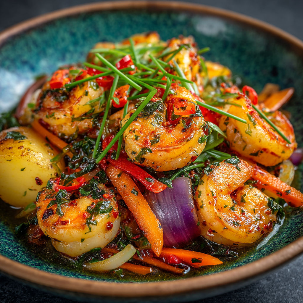 Une assiette de fruits de mer et légumes.
