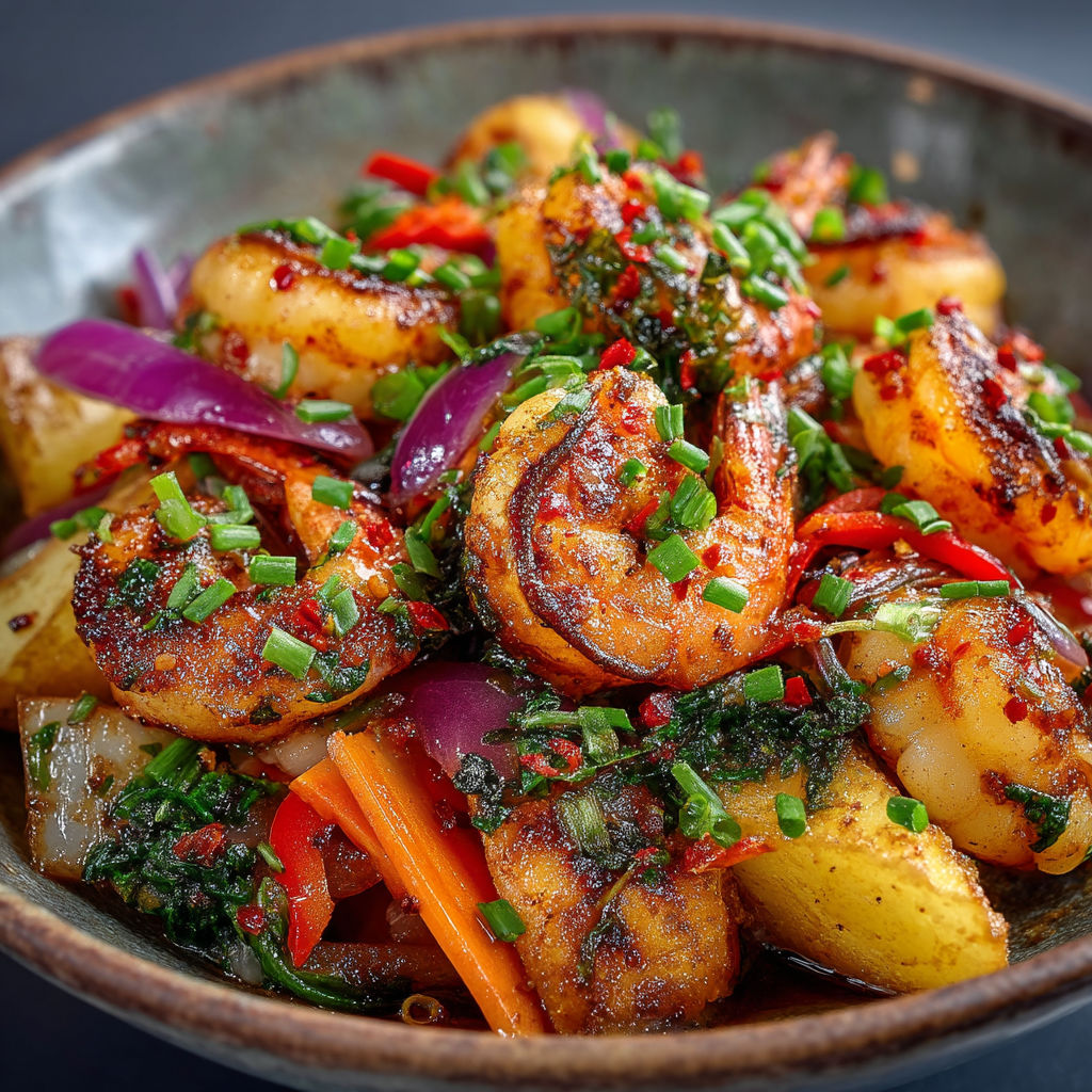 Une assiette de fruits de mer et légumes.