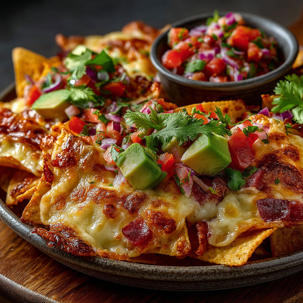 Une pile de nachos avec des tomates et des avocats.