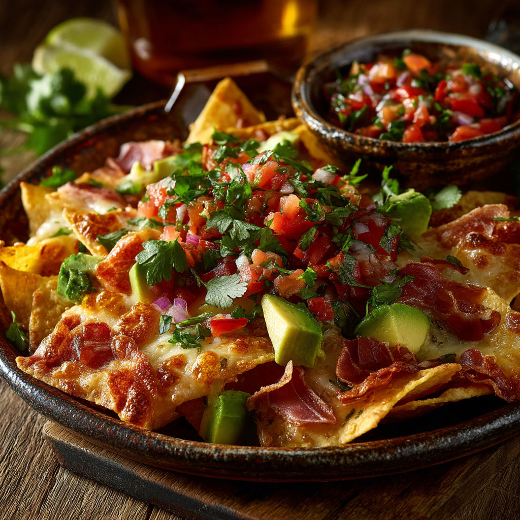 Une assiette de nachos avec des tomates et des avocats.
