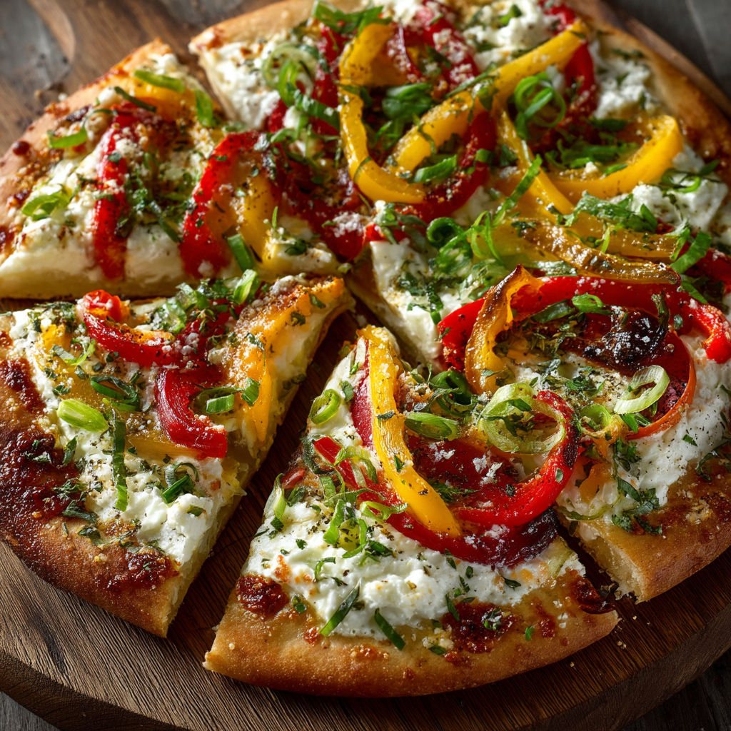 Une pizza colorée avec des légumes et des tomates.