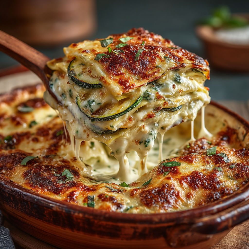 Une portion de lasagne de courgette mozza.