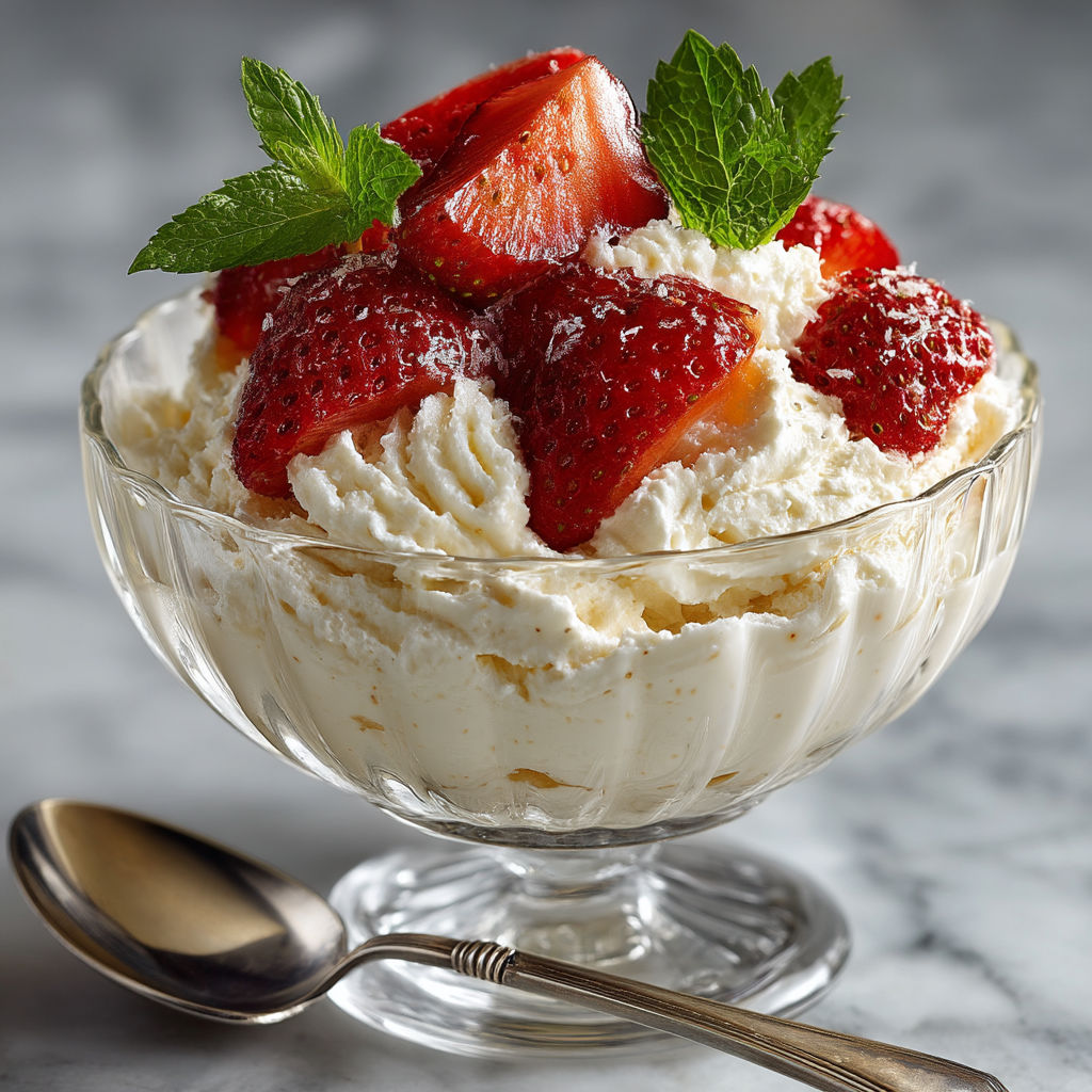 Un dessert avec des fraises et du fromage.