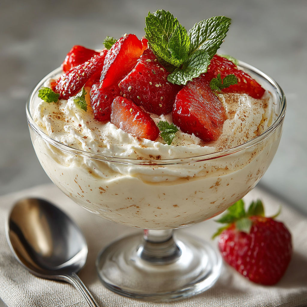 Une tasse de crème chantilly avec des fraises et des menthes.