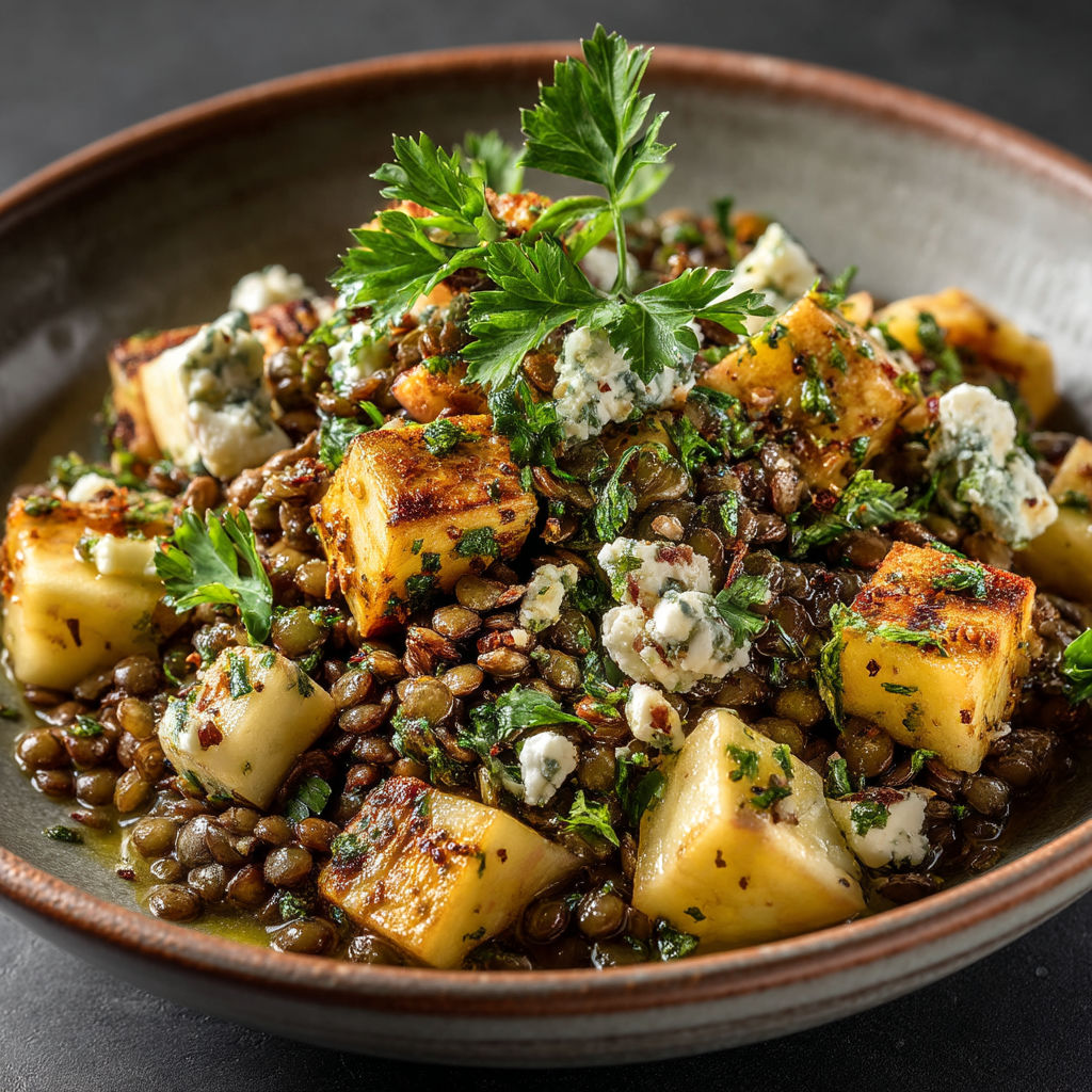 Une assiette de légumes et de graines, avec des herbes vertes et des légumes grillés.