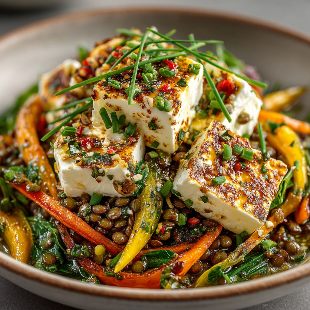 Salade de lentilles, carottes et brebis frais.