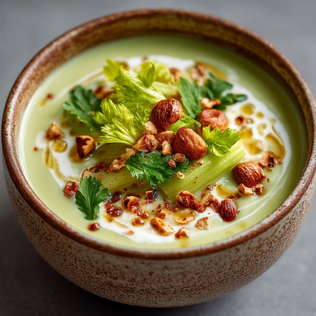 Une soupe chaude avec des légumes et des noix.