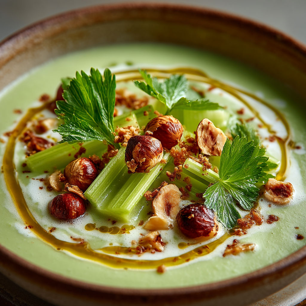 Une soupe verte avec des légumes et des noix.