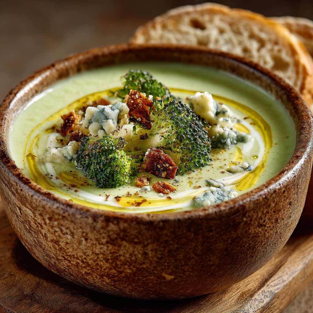 Une assiette contenant une soupe avec des légumes verts.