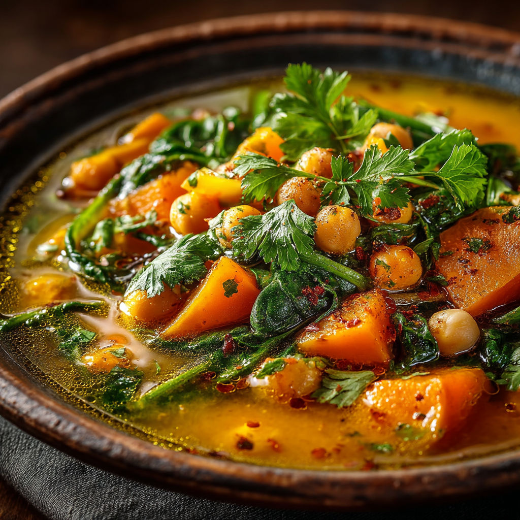 Une soupe chaude avec des légumes et des graines.