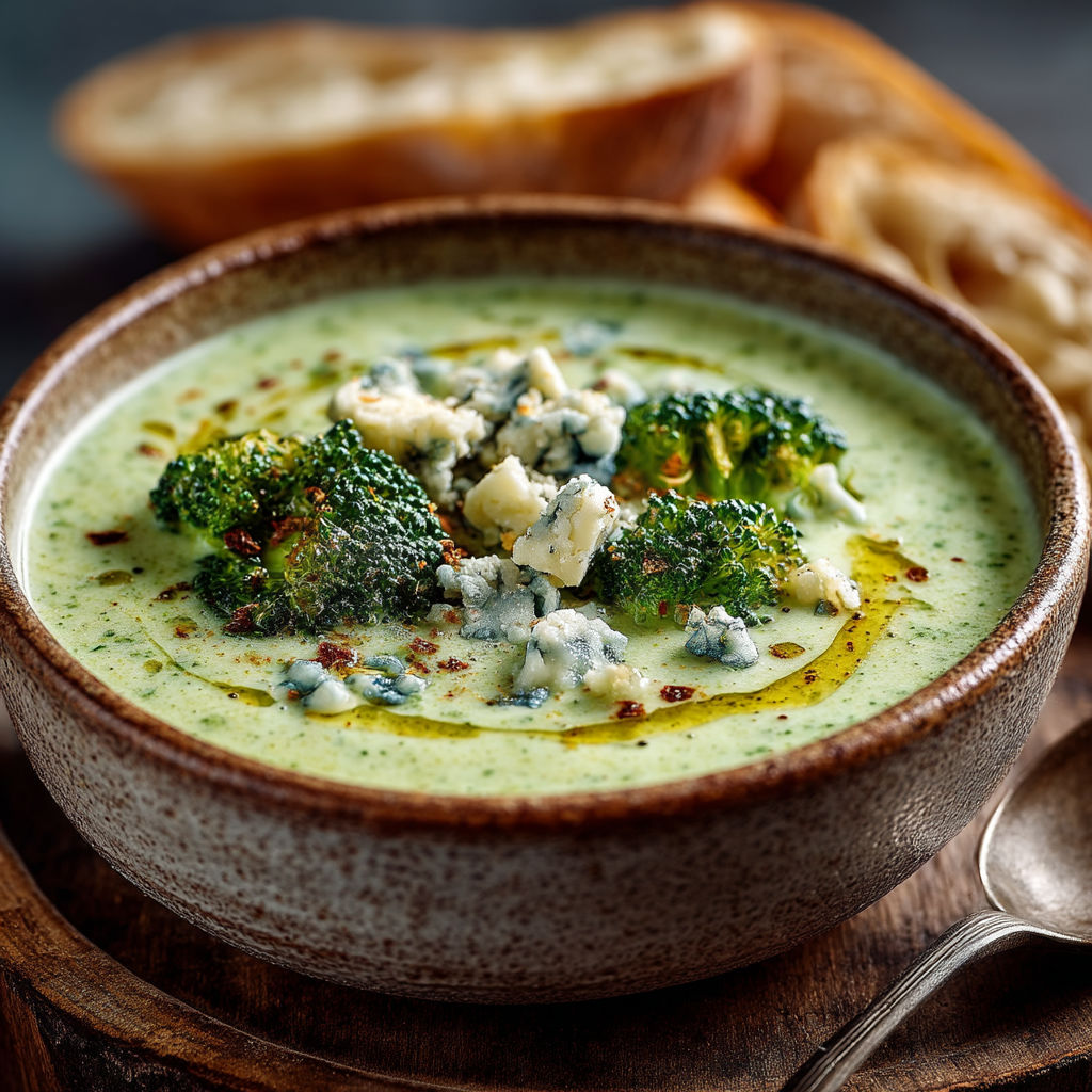 Une soupe verte avec des légumes et du fromage.