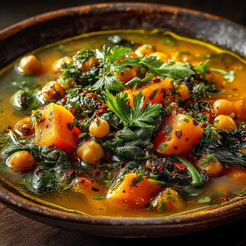 Une soupe chaude avec des légumes et des graines.