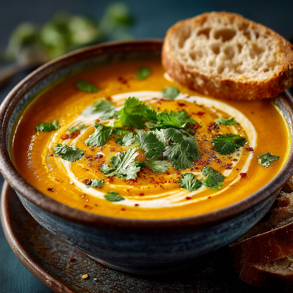 Une tasse de soupes colorées avec des herbes vertes.