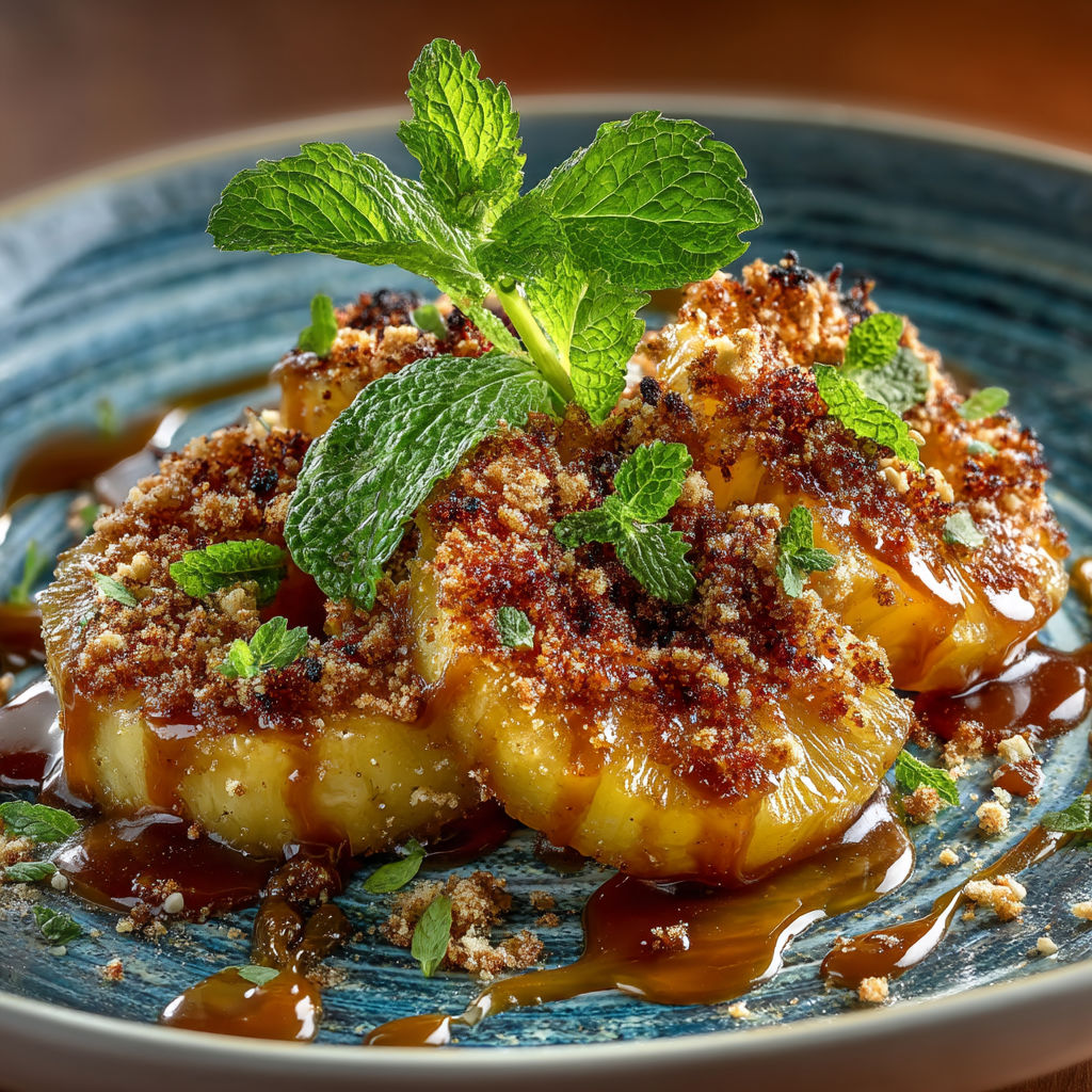 Une recette de crumble d'ananas rôti caramel vanillé et beurre salé.