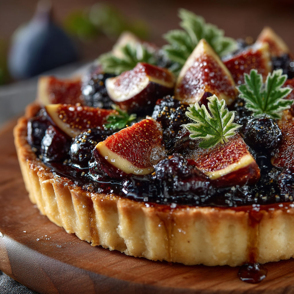 Une tarte sablée avec des fruits rouges et des herbes.