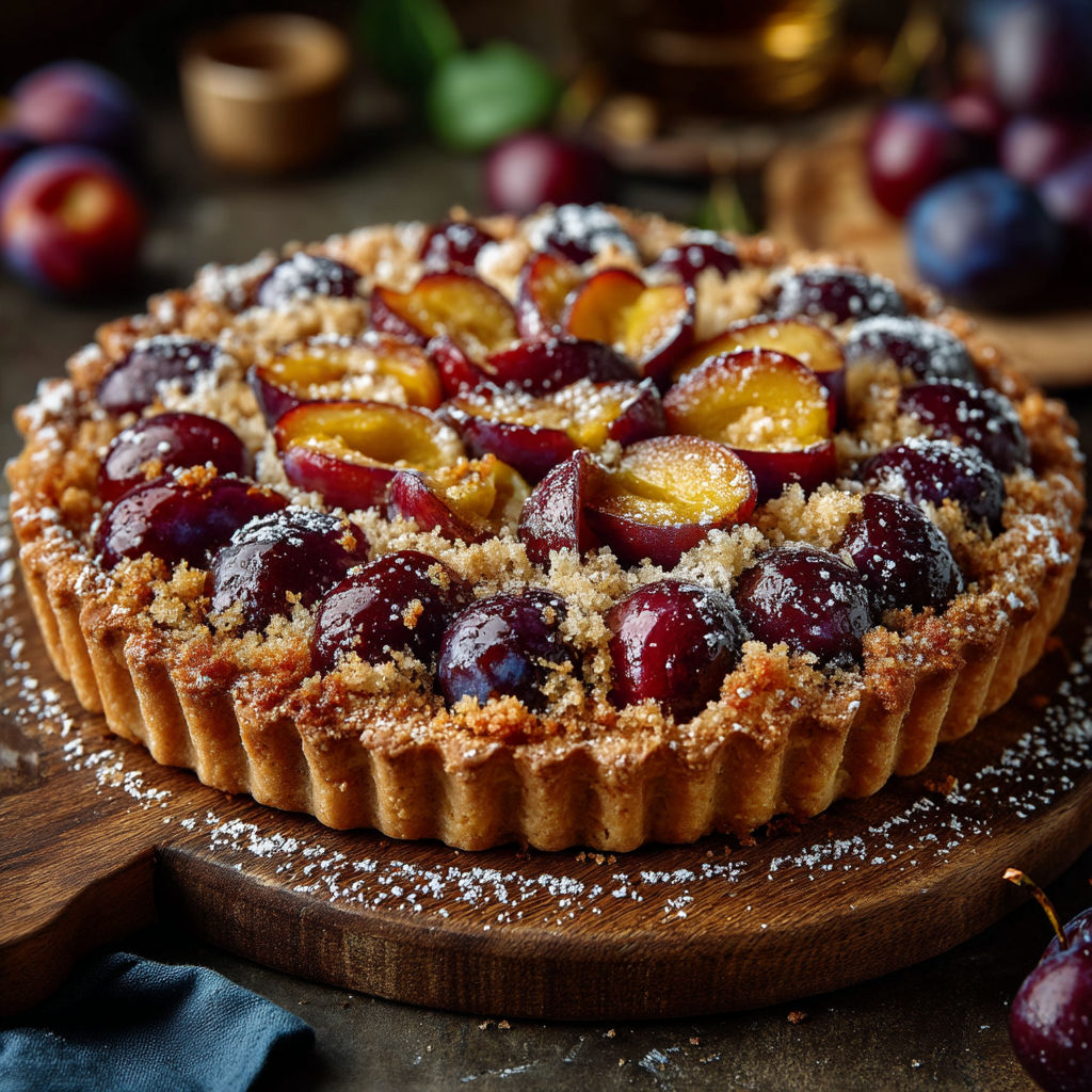 Une tarte crumble aux mirabelles et quetsches.