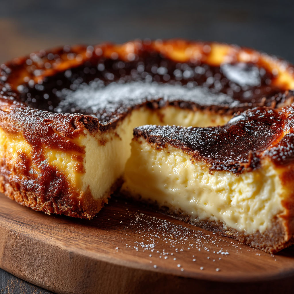 Une portion de cheesecake brûlé sur une planche de bois.