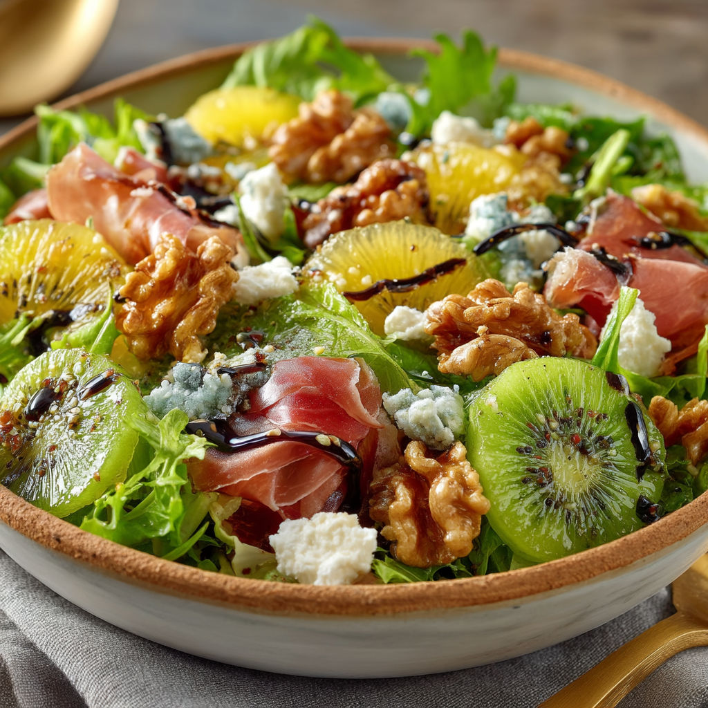 Une salade de fruits et de légumes avec une sauce noire.