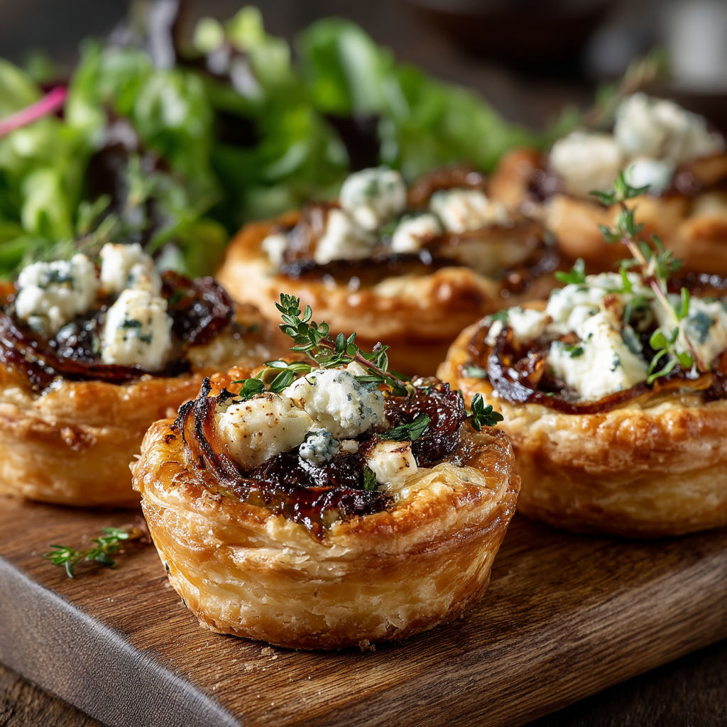 Tartelettes aux oignons, chèvre, figue & salade.