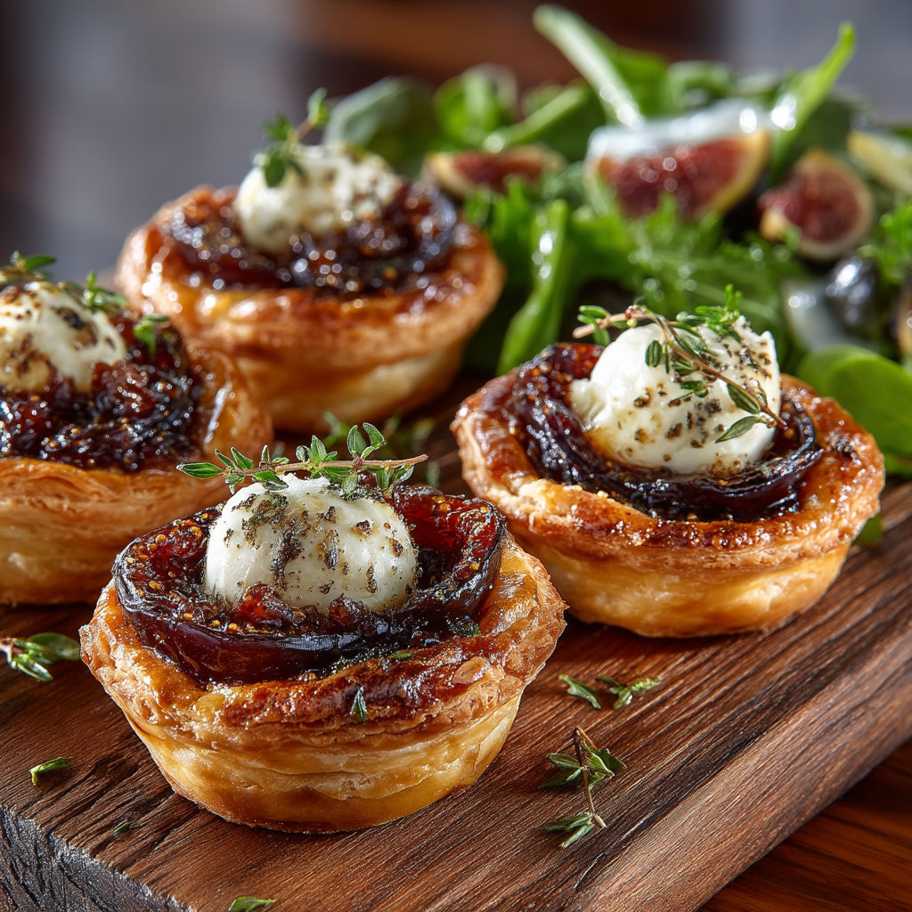 Tartelettes aux oignons, chèvre, figue & salade.