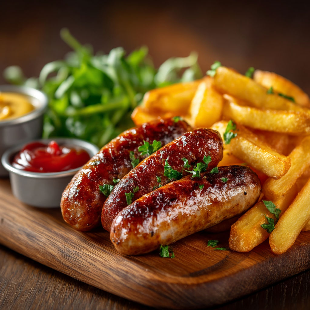Une table avec des frites et des saucisses.