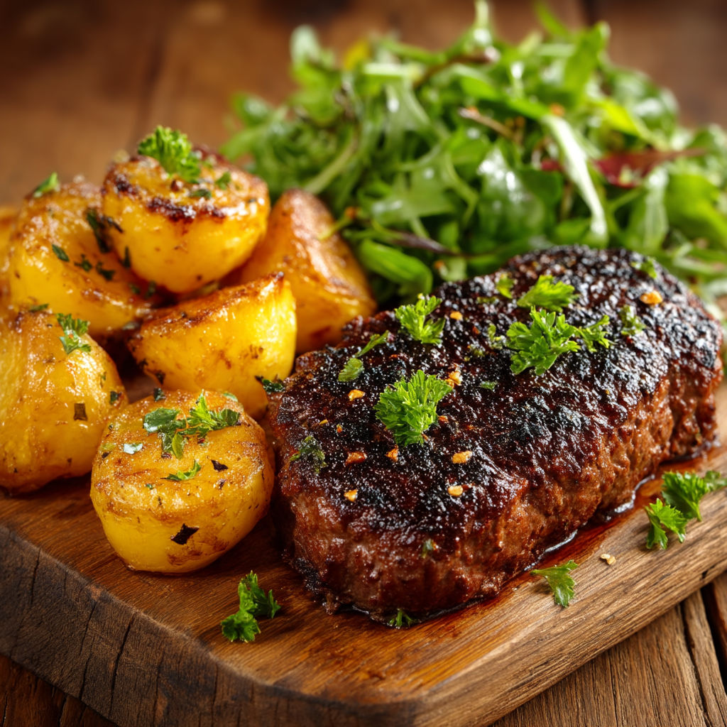 Steak haché, pommes sautées et salade sur une planche de bois.