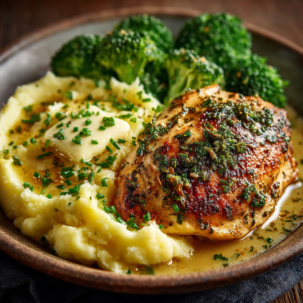 Poulet, purée aux fines herbes & brocolis.