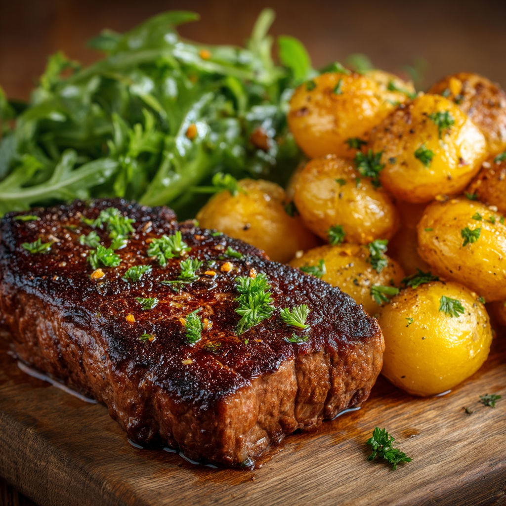 Steak grillé avec des légumes verts.