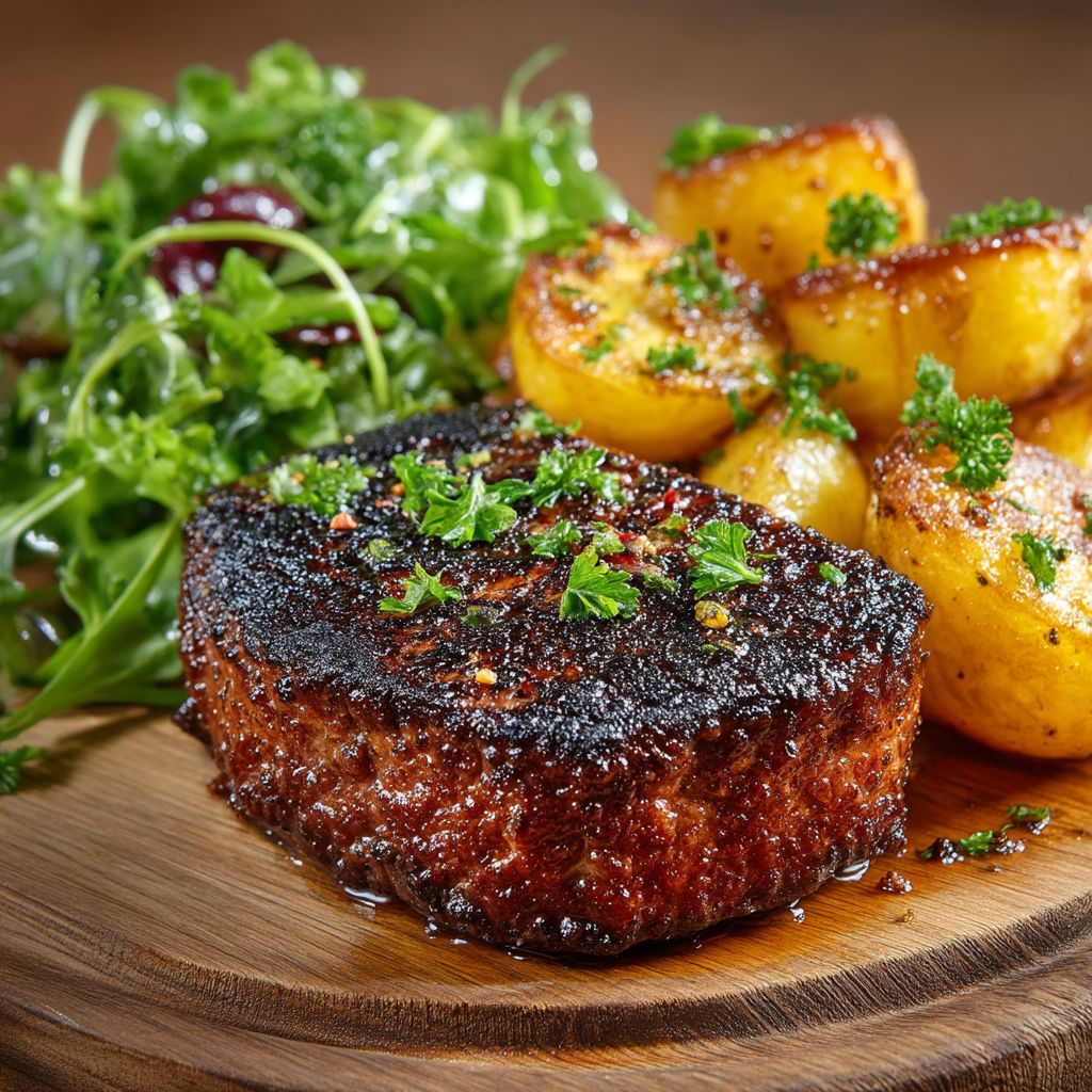 Une viande grillée avec des légumes verts et des pommes de terre.