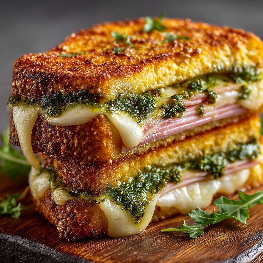 Un sandwich croque-monsieur au jambon et pesto, cuit dans un four à air.