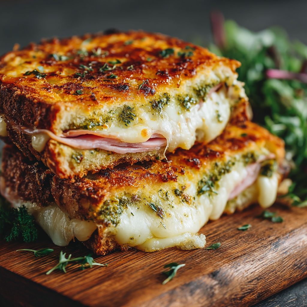 Une tranche de sandwich grillé avec des légumes verts.